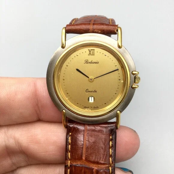 Vtg Rodania Watch Women 32mm Gold Tone Date Brown Leather Band New Battery - Picture 8 of 14